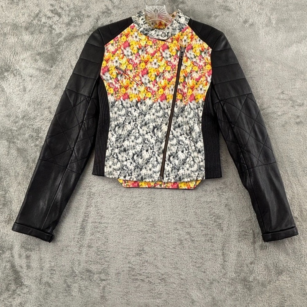 Yigal Azrouel Floral Fabric Leather Moto Jacket Womens 0 Black Lambskin Zipper